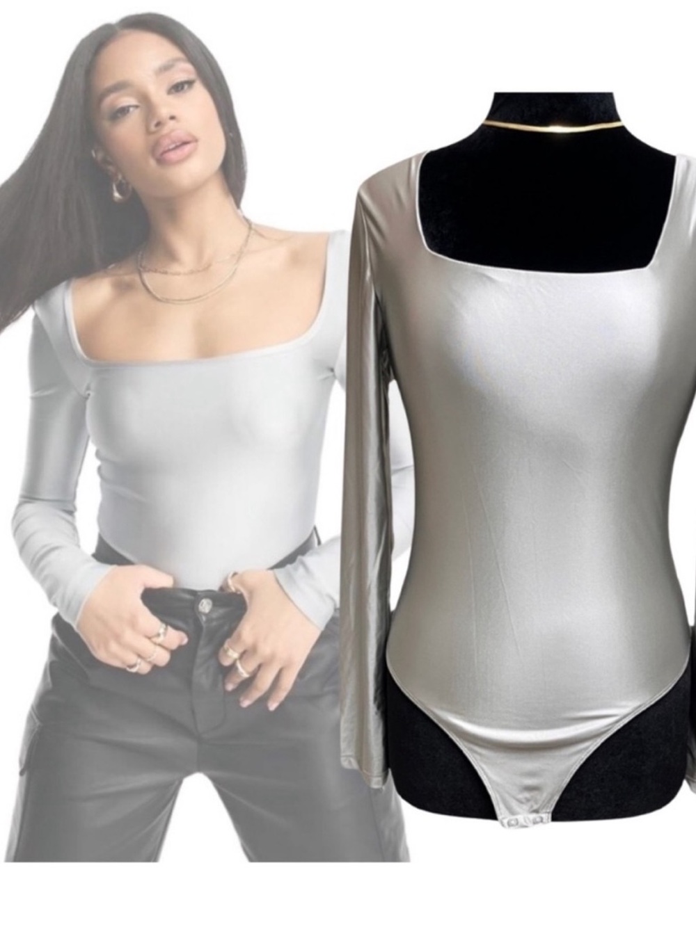 House of Harlow 1960 Metallic Silver Long-Sleeve Square Neck Bodysuit